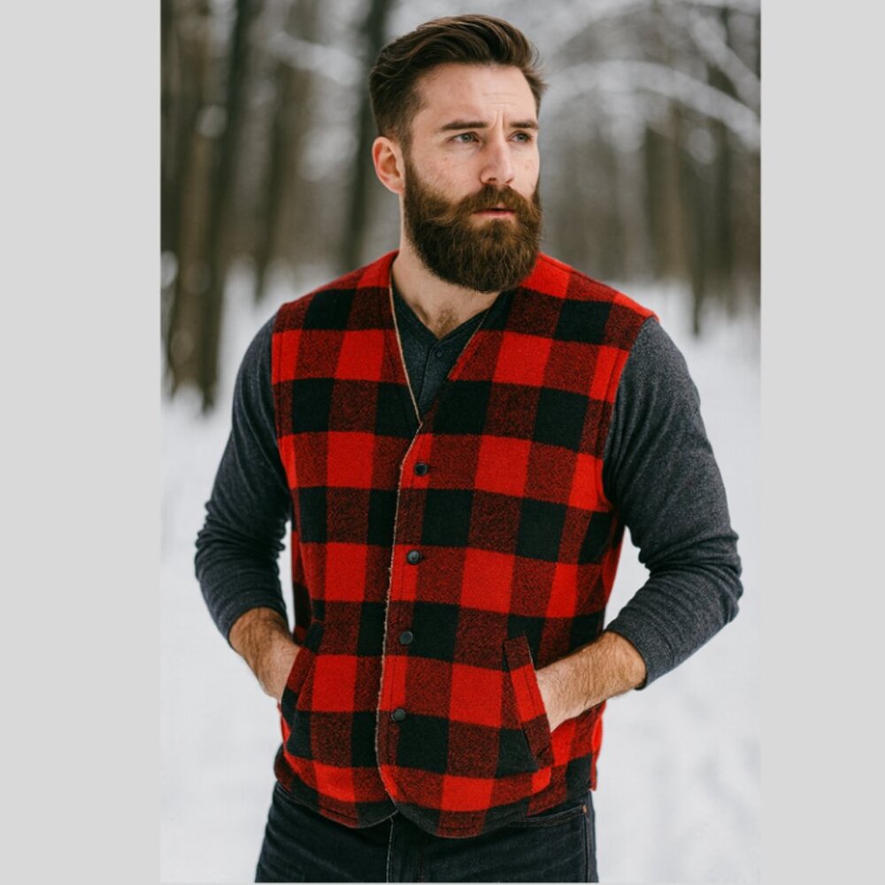 Vintage 70sCanyon Guide Outfitters Red Black Plaid Wool Sherpa Lined Vest Size L